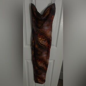 Fashion Nova Brown & Rust Animal-Print Slip Maxi Dress